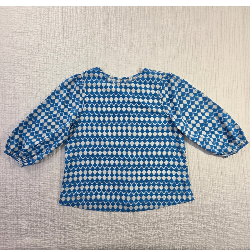 M&S Blue White Ikat Diamond Linen Blend Button Back Puff Sleeve Blouse EUC Sz 10